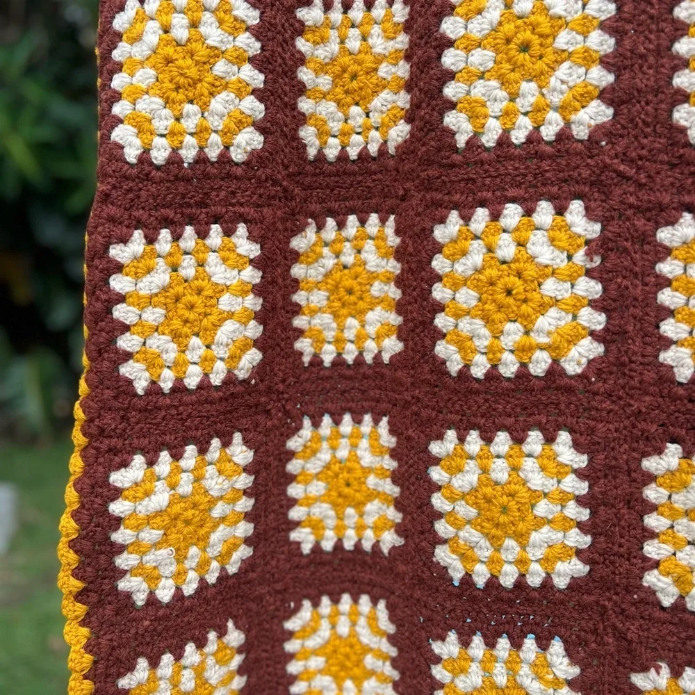 Vintage 1970s Crochet Granny Square Afghan Blanket Yellow, Brown Retro Throw